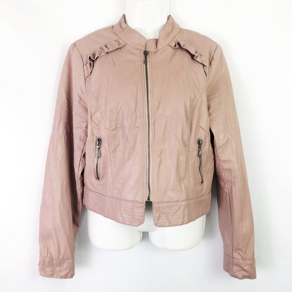 Heart Soul Dusty Mauve Moto Jacket (L) Pink Vegan Leather Ruffle Trim Biker Coat - Picture 2 of 13